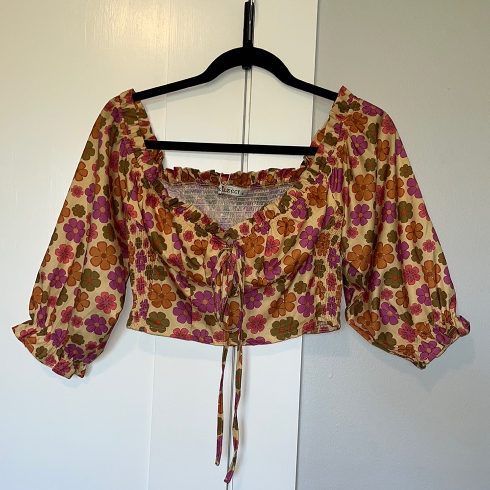 Yellow Floral Crop Top with Puffy Sleeves